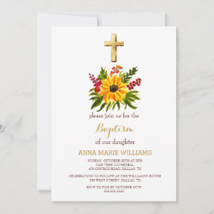 Rustic Sunflower Greenery Gold Cross Baptism Invitation