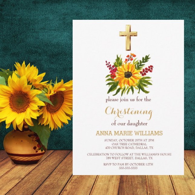 Rustic Sunflower Greenery Gold Cross Baptism  Invitation (Creator Uploaded)
