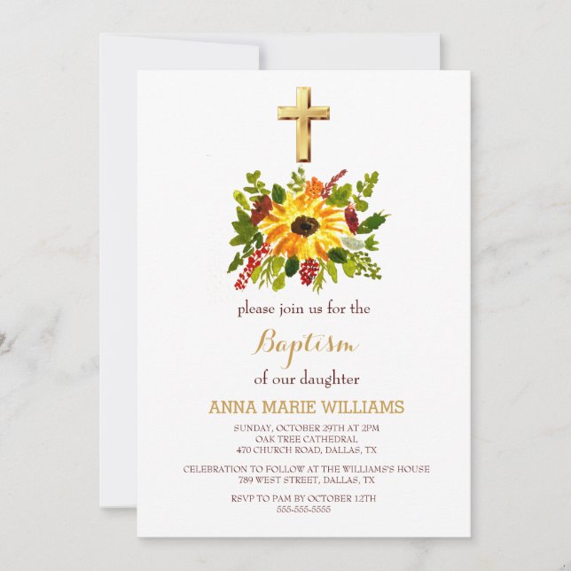 Rustic Sunflower Greenery Gold Cross Baptism  Invitation (Front)