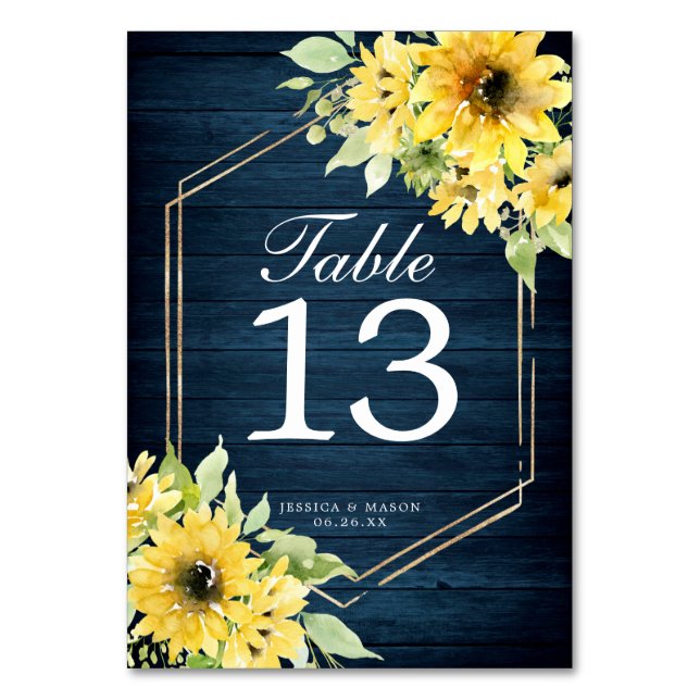 Rustic Sunflower Greenery Wedding Table Numbers (Front)