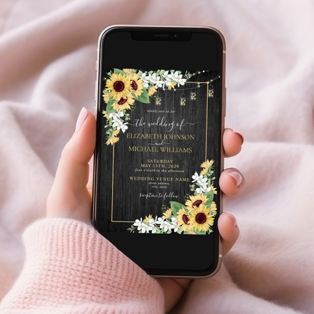 Rustic Sunflower & Grey Floral Wood Photo Wedding Invitation (Creator Uploaded)