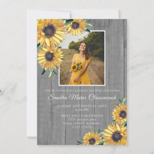 Rustic Sunflower Grey Wood Wedding Bridal Shower  Invitation