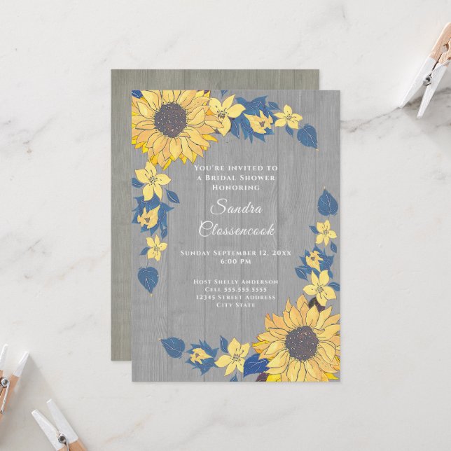 Rustic Sunflower Grey Wood Wedding Bridal Shower Invitation (Front/Back In Situ)