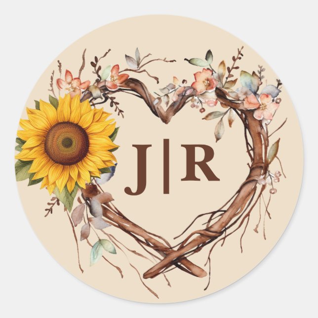 Rustic Sunflower Heart Monogram Wedding  Classic Round Sticker (Front)