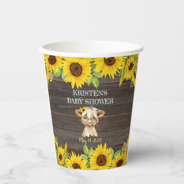 Rustic Sunflower Highland Cow Baby Shower Paper Cups (Front)