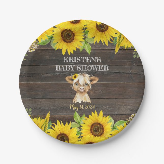 Rustic Sunflower Highland Cow Baby Shower Paper Plate (Front)