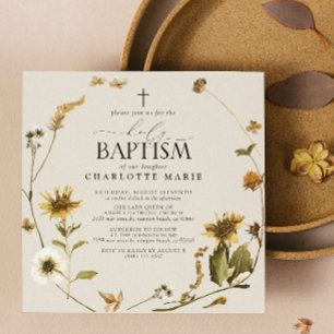 Rustic Sunflower Holy Baptism Modern Script Cross Invitation