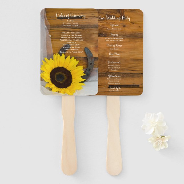 Rustic Sunflower Horseshoe Country Western Wedding Hand Fan (Front and Back)