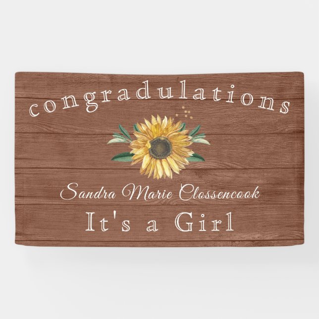 Rustic Sunflower Its a Girl Brown Wood Baby Shower Banner (Horizontal)