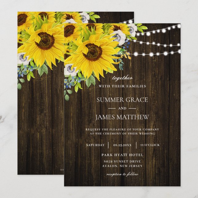 Rustic Sunflower Ivory Floral Wedding  Invitation (Front/Back)