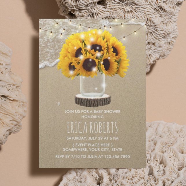 Rustic Sunflower Jar Beach Baby Shower Invitation (Creator Uploaded)