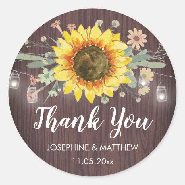 Rustic Sunflower Jar Lights Thank You Wedding Classic Round Sticker (Front)
