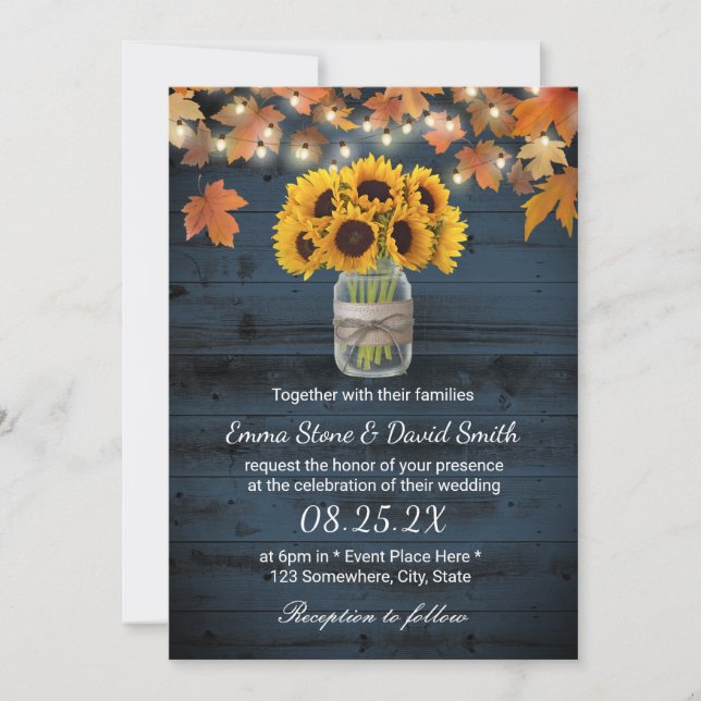 Rustic Sunflower Jar Navy Barn Wood Fall Wedding Invitation (Front)