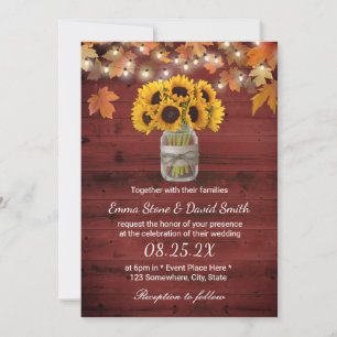 Rustic Sunflower Jar Red Barn Wood Fall Wedding Invitation