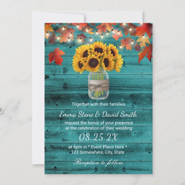 Rustic Sunflower Jar Teal Barn Wood Fall Wedding Invitation (Front)