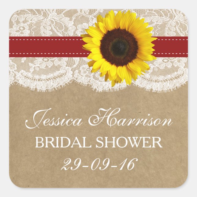 Rustic Sunflower, Kraft & Lace Bridal Shower Square Sticker (Front)