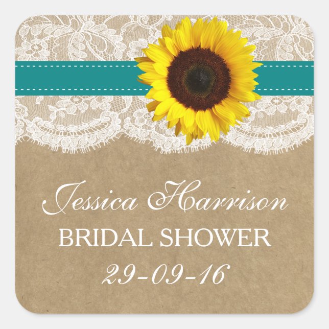 Rustic Sunflower, Kraft & Lace Bridal Shower Square Sticker (Front)