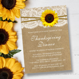 Rustic Sunflower Kraft & Lace Thanksgiving Dinner Invitation