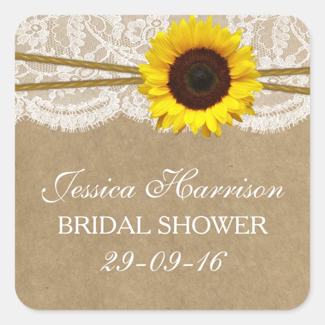 Rustic Sunflower Kraft Lace & Twine Bridal Shower Square Sticker (Front)