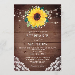 Rustic Sunflower Lace Baby's Breath Lights Wedding Invitation