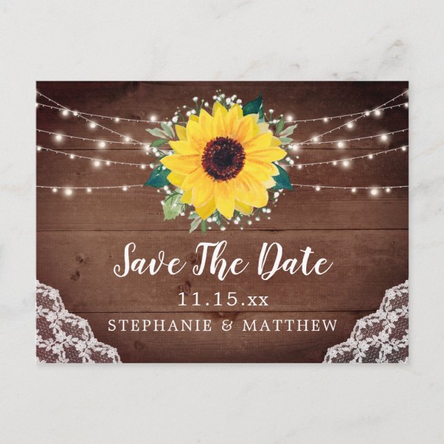 Rustic Sunflower Lace Babys Breath Save The Date Announcement Postcard (Front)