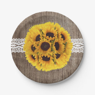 Rustic Sunflower Lace & Barn Wood Elegant Wedding Paper Plate
