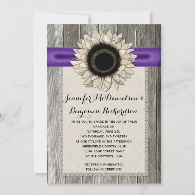 Rustic Sunflower Lace Barn Wood Purple Ribbon Invitation (Front)