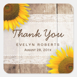 Rustic Sunflower Lace Barn Wood Thank You Square Sticker