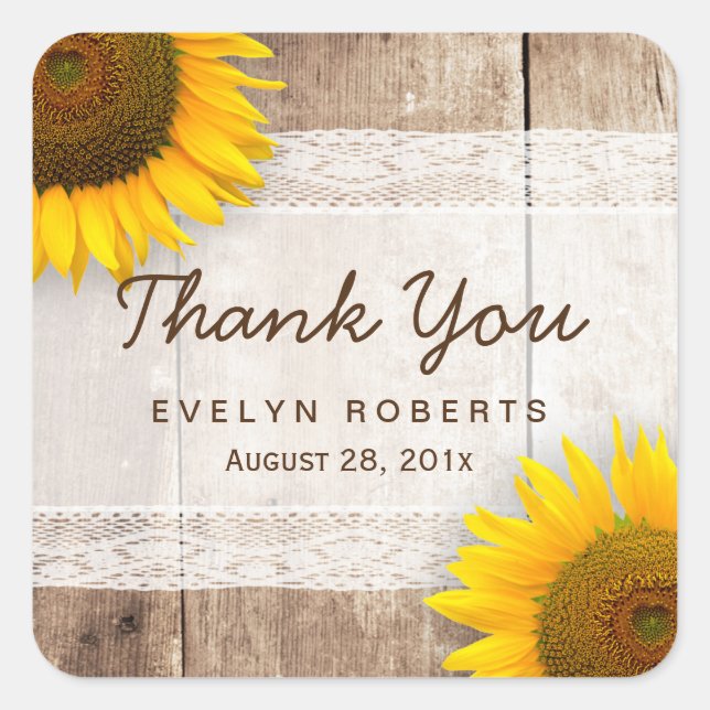 Rustic Sunflower Lace Barn Wood Thank You Square Sticker (Front)