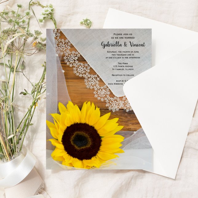 Rustic Sunflower Lace Country Barn Wedding Invitation (Creator Uploaded)