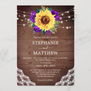 Rustic Sunflower Lace Purple Rose Fall Wedding Invitation