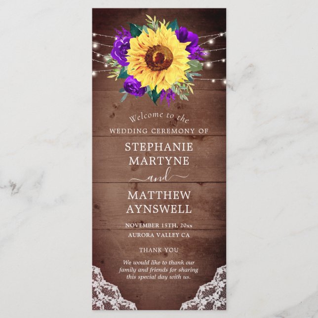 Rustic Sunflower Lace Purple Rose Fall Wedding Programme (Front)