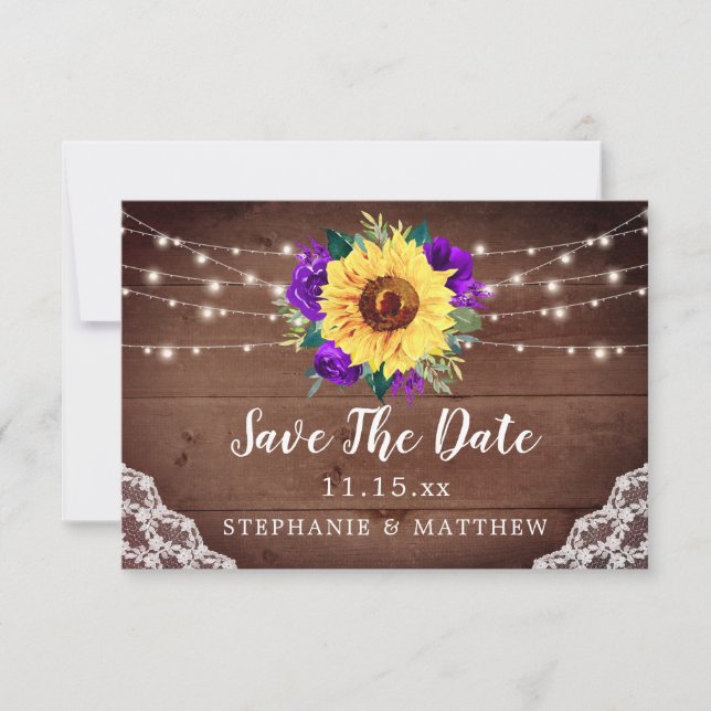 Rustic Sunflower Lace Purple Rose Fall Wedding Save The Date (Front)