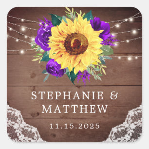Rustic Sunflower Lace Purple Rose Fall Wedding Square Sticker