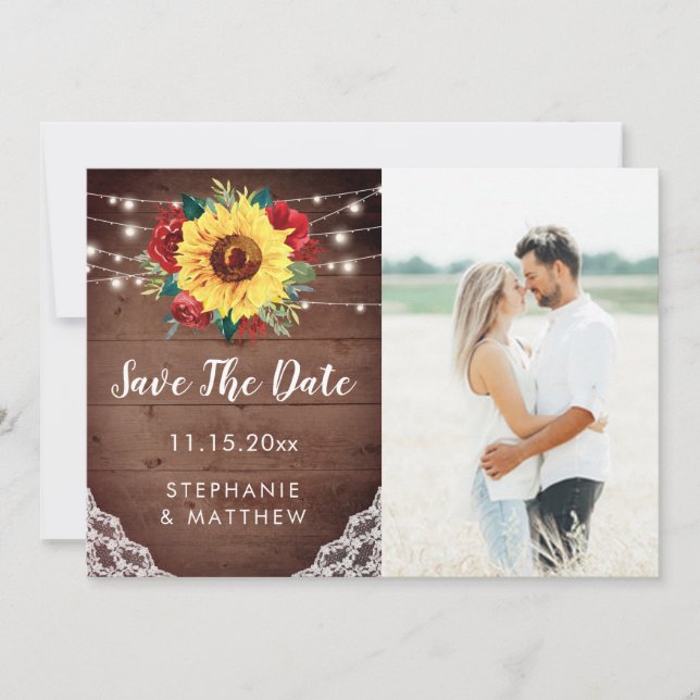Rustic Sunflower Lace Red Floral Photo Wedding Save The Date (Front)