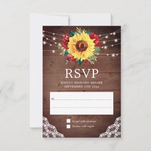 Rustic Sunflower Lace Red Rose Fall Wedding RSVP Card (Front)