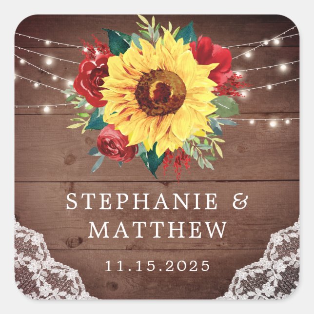 Rustic Sunflower Lace Red Rose Fall Wedding Square Sticker (Front)