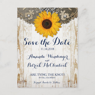 Rustic Sunflower Lace Save the Date Postcard