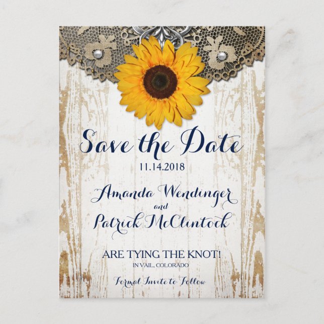 Rustic Sunflower Lace Save the Date Postcard (Front)