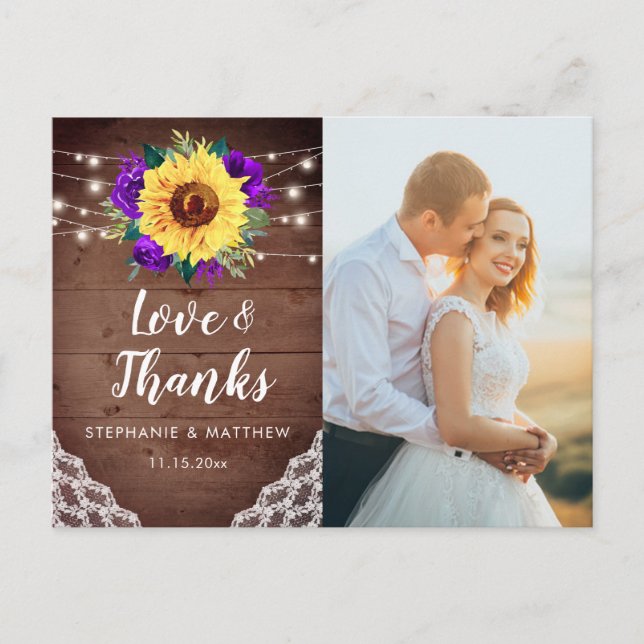 Rustic Sunflower Lace Wedding Photo Thank You Postcard (Front)