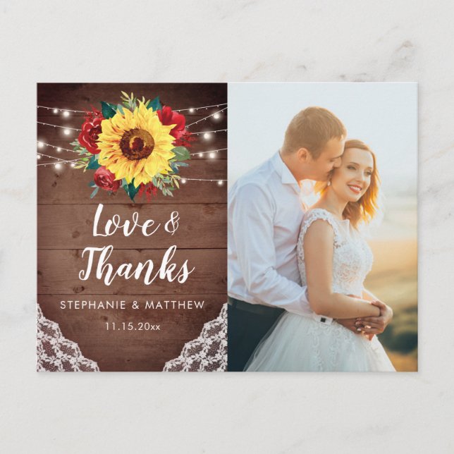 Rustic Sunflower Lace Wedding Photo Thank You Postcard (Front)