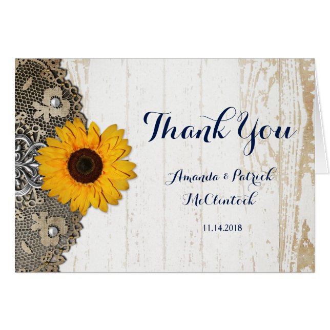 Rustic Sunflower Lace Wedding Thank You Card (Front Horizontal)