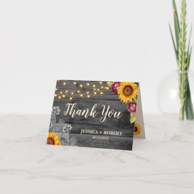 Rustic Sunflower Lace Wedding Thank You Card (Front)