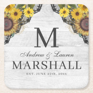Rustic Sunflower Lace Wood Couple Summer Wedding Square Paper Coaster