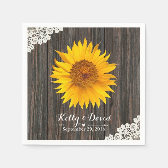 Rustic Sunflower Lace & Wood Wedding Napkin (Front)