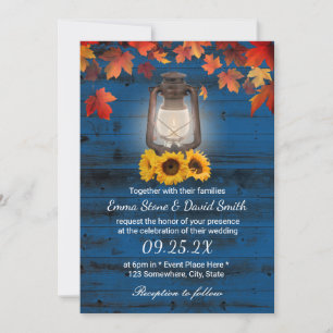 Rustic Sunflower Lantern Navy Blue Fall Wedding Invitation