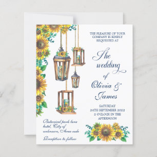 Rustic Sunflower Lanterns navy Wedding Invitation