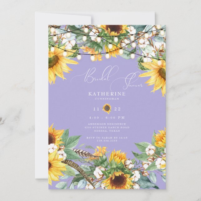 Rustic Sunflower Lavender Bridal Shower Invitation (Front)