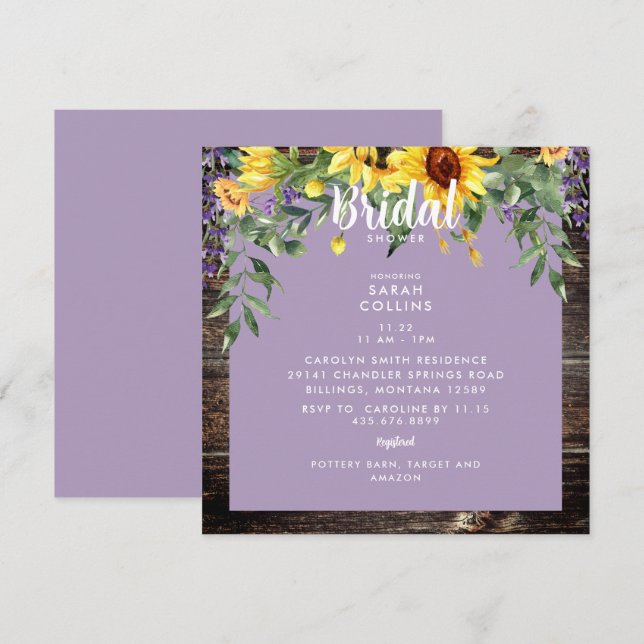 Rustic Sunflower Lavender Bridal Shower Invitation (Front/Back)