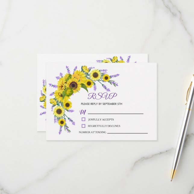 Rustic Sunflower & Lavender Floral Wedding RSVP Card (Front/Back In Situ)